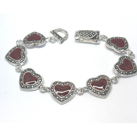 Vintage Silver-Tone Red Heart Link Bracelet With Marcasite Accents & Toggle Clas - Picture 1 of 3